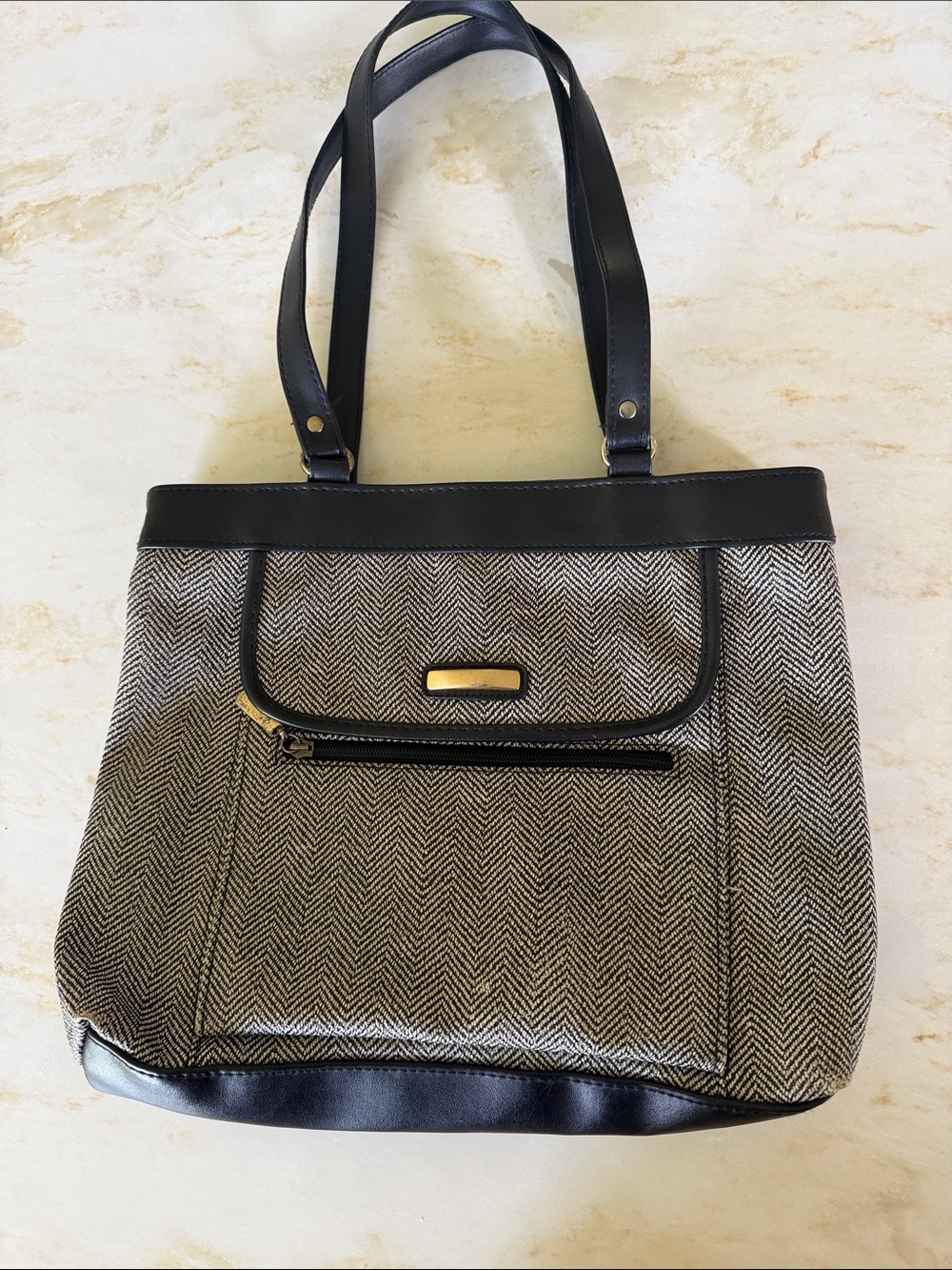 Classic Black & Cream Herringbone Tote Bag
